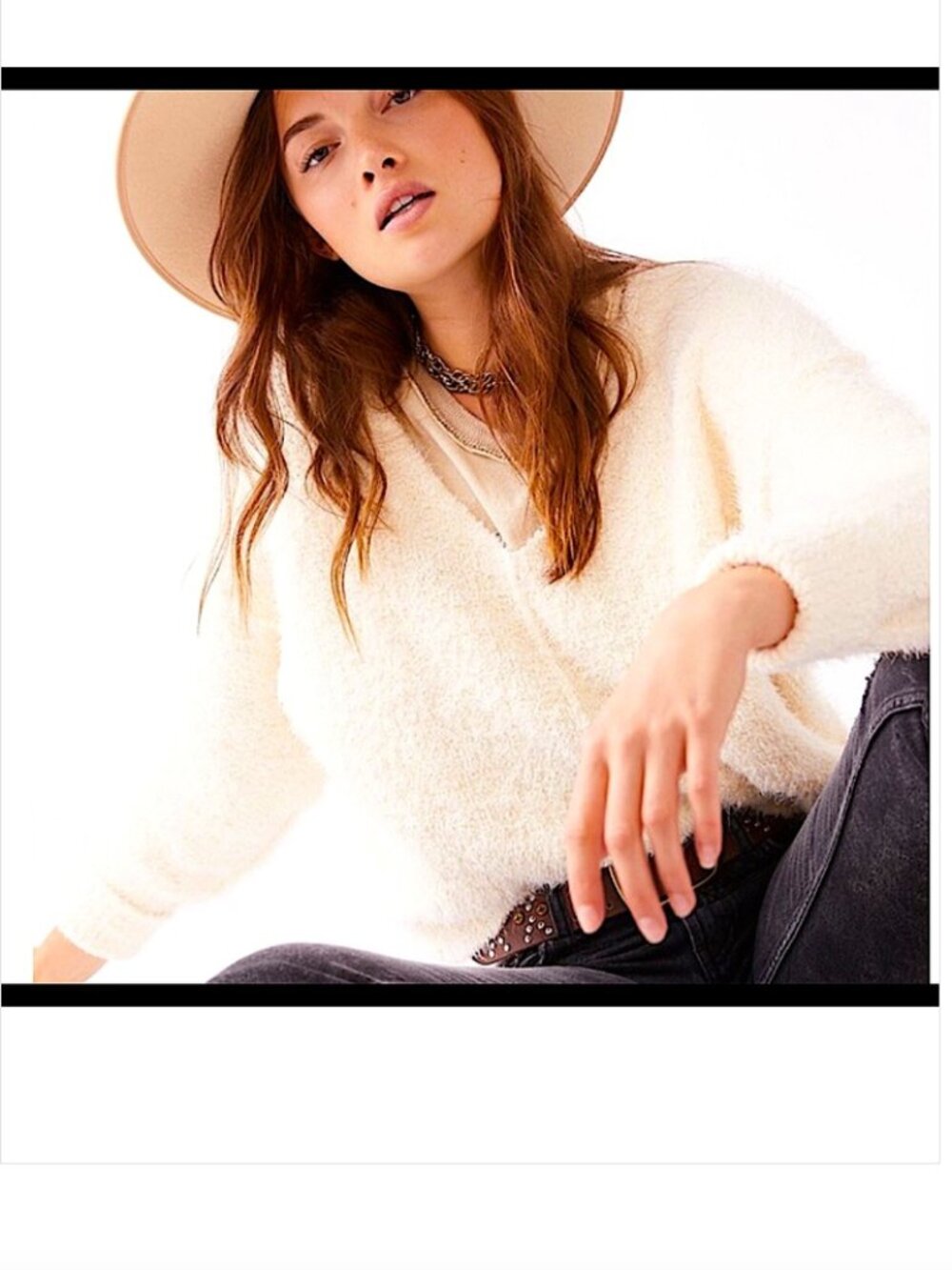Free People Icing Fuzzy Knit Pullover Sweater Large Ivory V-Neck Oversized - Picture 2 of 15